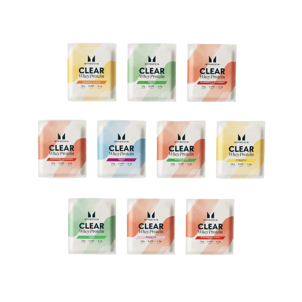 Assorted flavored protein powder packets of MyProtein Clear Whey Isolate for sports nutrition