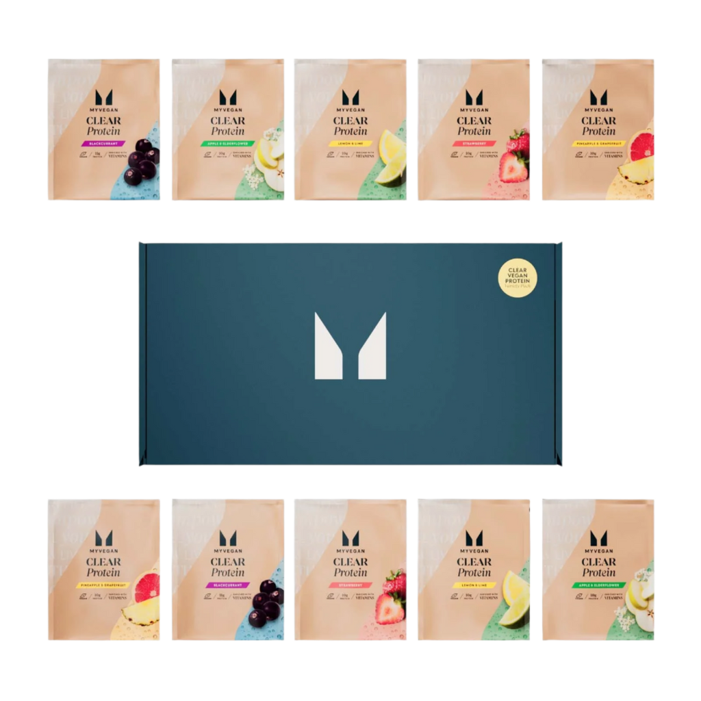 Variety pack of clear whey isolate protein sachets with fruity flavors for sports nutrition
