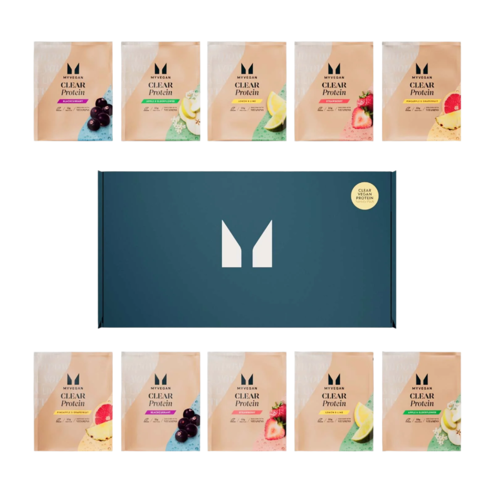 Variety pack of clear whey isolate protein sachets with fruity flavors for sports nutrition