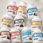 Nine white plastic tubs of Pearlm Protein powder blends arranged in a collage on a light beige background. The labels feature various flavor options including Chocolate Chip Cookie, Peanut Butter Cup, Vanilla Ice Cream, and Caramel Apple Butter, with different color-coded accent bands in red, orange, blue, brown, and gold.