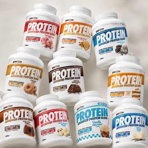 Nine white plastic tubs of Pearlm Protein powder blends arranged in a collage on a light beige background. The labels feature various flavor options including Chocolate Chip Cookie, Peanut Butter Cup, Vanilla Ice Cream, and Caramel Apple Butter, with different color-coded accent bands in red, orange, blue, brown, and gold.