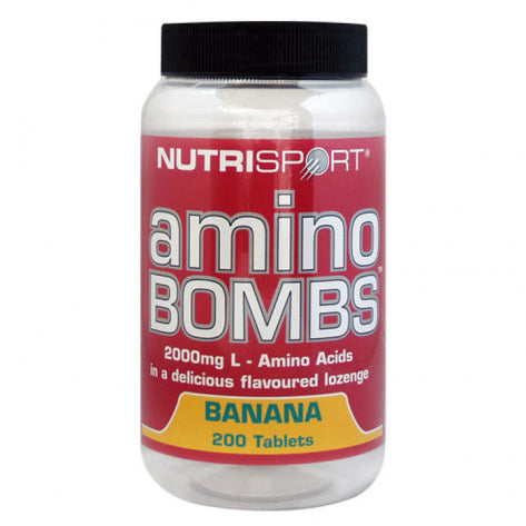 NutriSport Amino Bombs container with banana-flavored branched chain amino acids for muscle growth