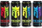 Four tall REIGN Total Body Fuel cans with colorful crown logos, muscle recovery supports