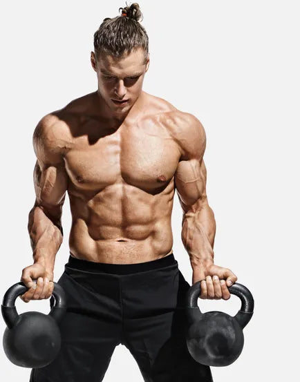 Muscular man with man bun holding kettlebells, showcasing Vilgain Pre-Workout with L-Citrulline Malate and Natcaff® Caffeine