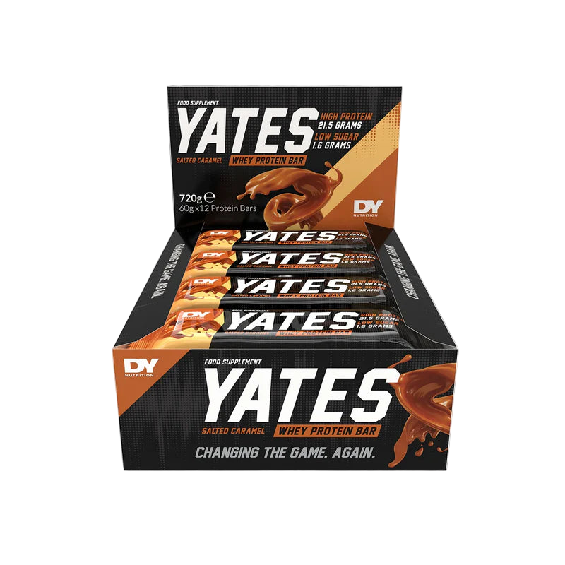 Box of Yates whey protein bars with a salted caramel flavor on a white background