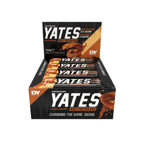 Box of Yates whey protein bars with a salted caramel flavor on a white background