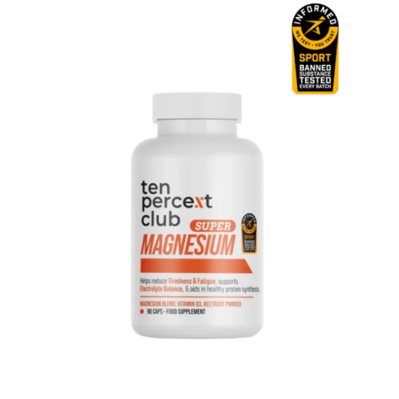 White bottle of The Ten Percent Club Super Magnesium capsules for supporting bone and recovery