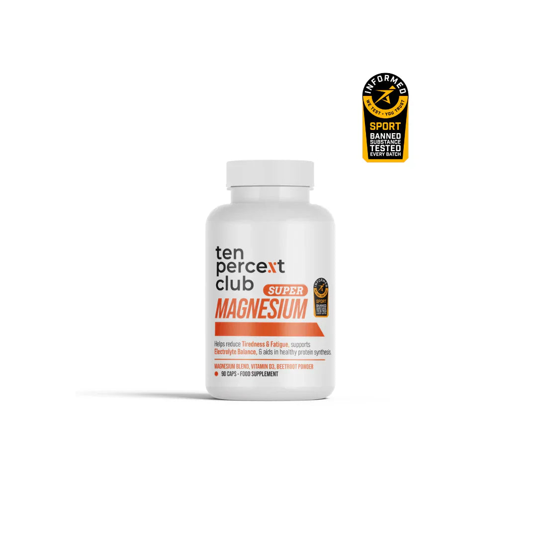 White bottle of The Ten Percent Club Super Magnesium with 60 capsules for recovery and bones