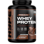 Black tub of HYPE Whey Protein with chocolate milkshake flavor for muscle growth