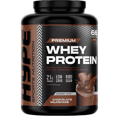 Black tub of HYPE Whey Protein with chocolate milkshake flavor for muscle growth
