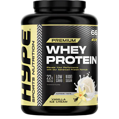 HYPE Whey Protein vanilla ice cream flavor with essential amino acids for muscle growth