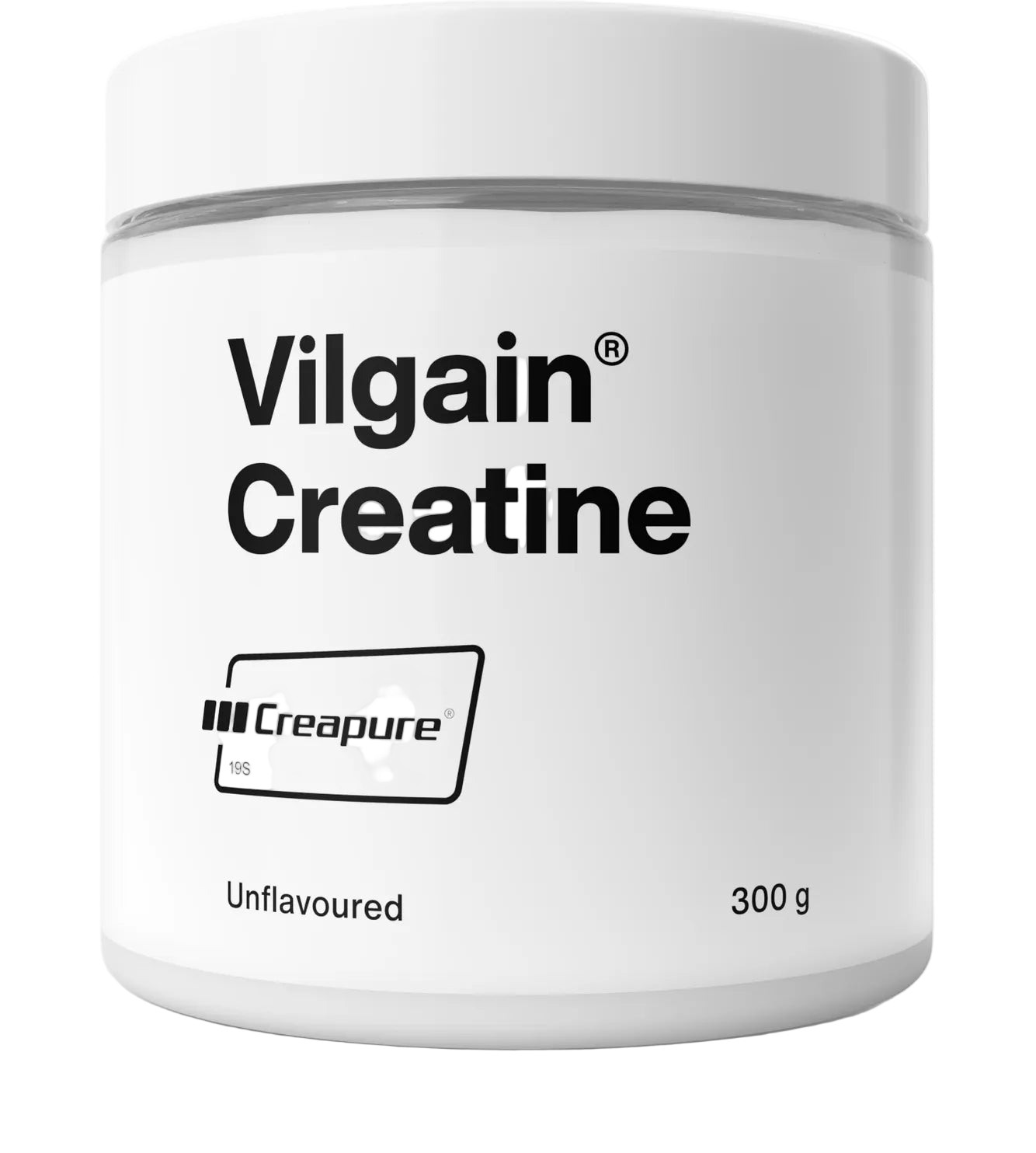 White Vilgain Creatine Creapure container with unflavored creatine powder 300g