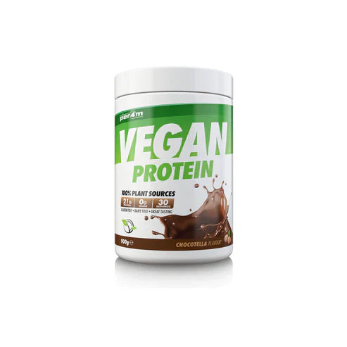 White and green tub of Per4m Plant Protein 908g dairy free chocolate vegan powder