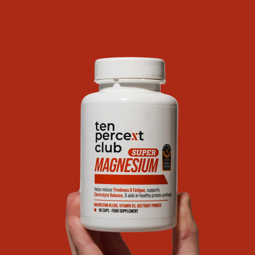 White bottle of Ten Percent Club Super Magnesium capsules that supports bone and accelerates recovery