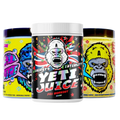 Three tubs of Gorillalpha Yeti Juice pre-workout drink with chaos crew protein flavor