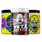 Three tubs of Gorillalpha Yeti Juice pre-workout drink with chaos crew protein flavor