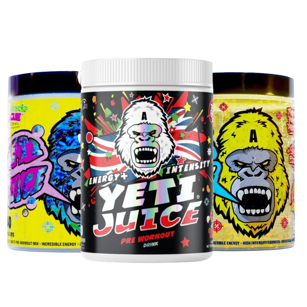 Three tubs of Gorillalpha Yeti Juice pre-workout drink with chaos crew protein flavor