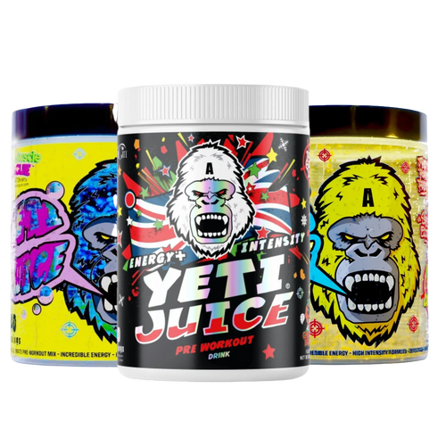 Three tubs of Gorillalpha Yeti Juice pre-workout drink with chaos crew protein flavor