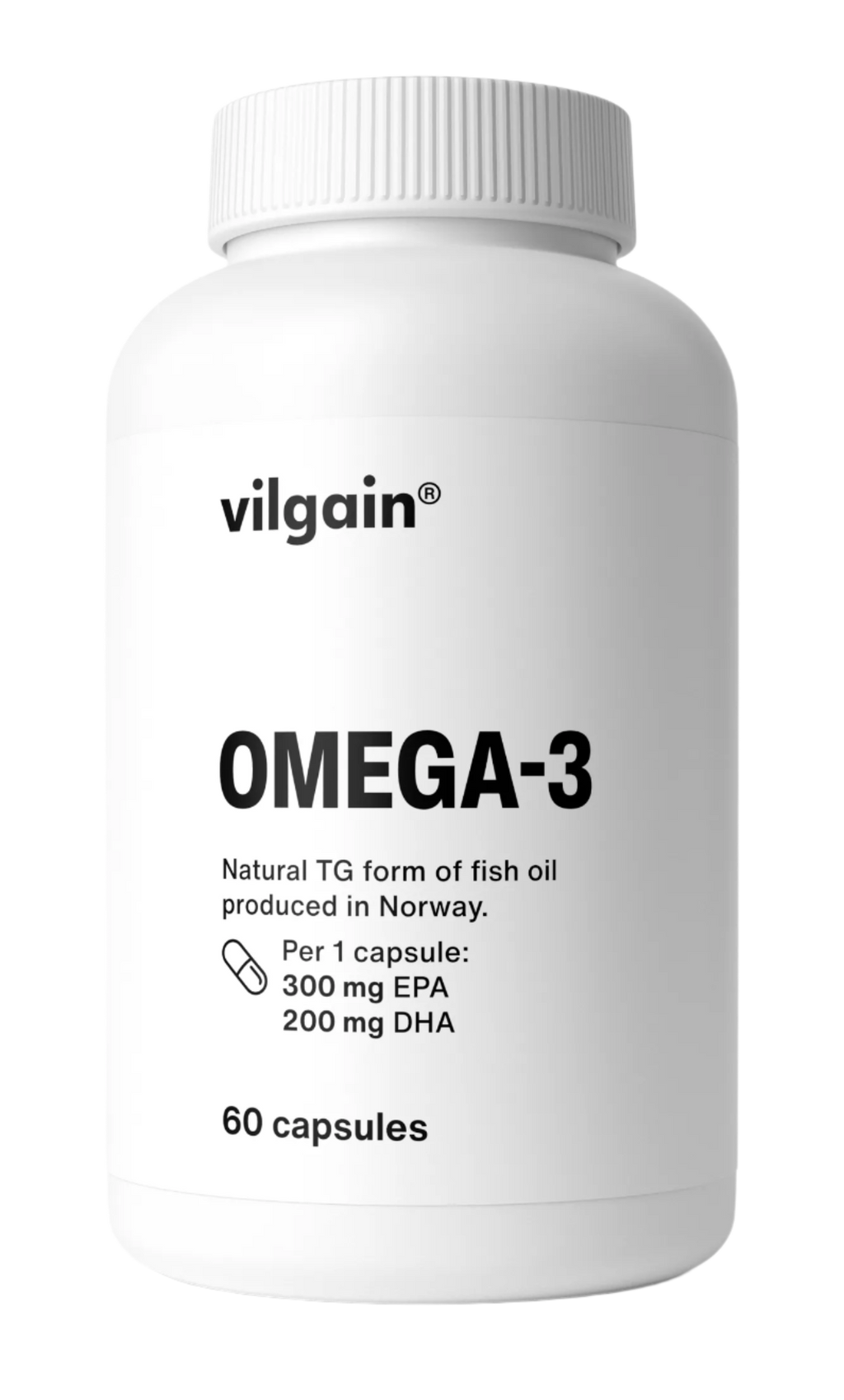 White bottle of Vilgain Omega 3 fish oil capsules made from wild anchovies for heart health
