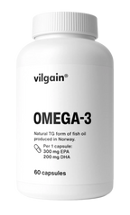 White bottle of Vilgain Omega 3 fish oil capsules made from wild anchovies for heart health