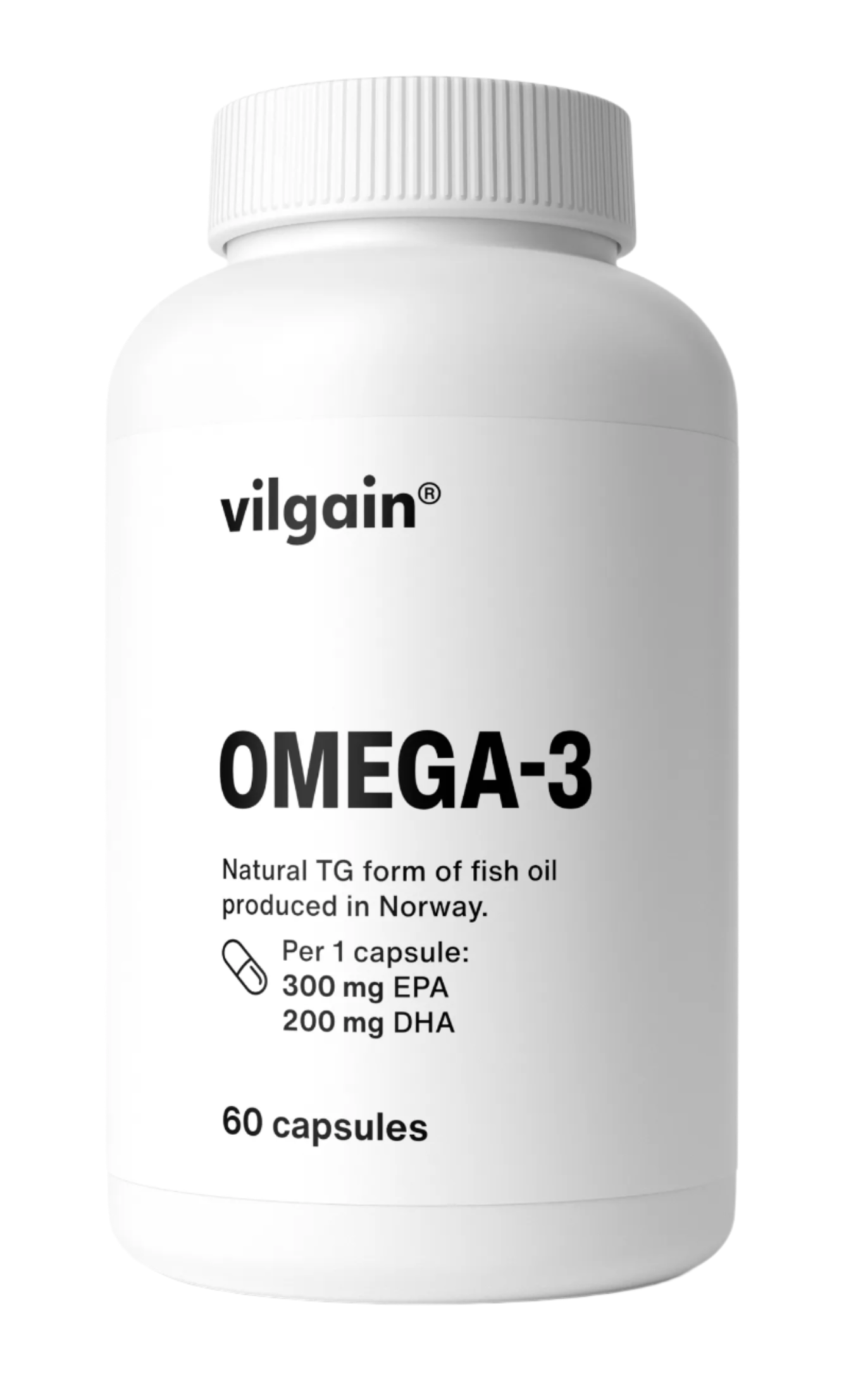 White bottle of Vilgain Omega 3 fish oil capsules made from wild anchovies for heart health