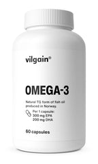 White Vilgain Omega 3 bottle with fish oil capsules from wild anchovies for heart health