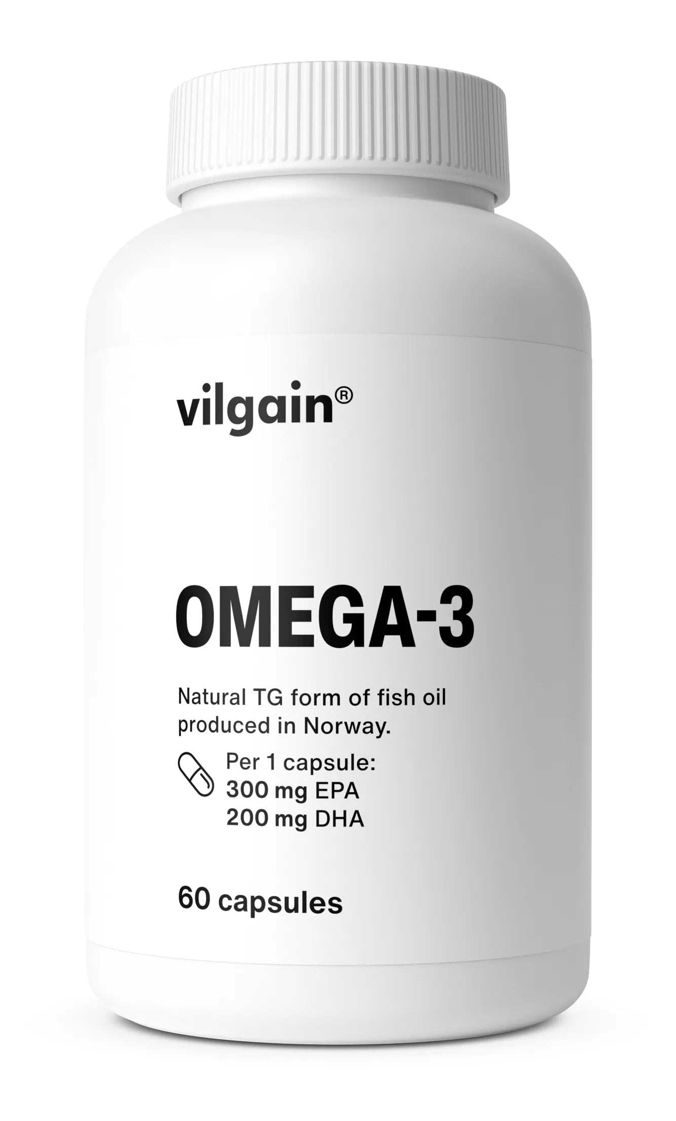 White Vilgain Omega 3 bottle with fish oil capsules from wild anchovies for heart health