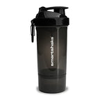Black transparent Smartshake One Shaker protein shaker with detachable storage compartment and mixer net