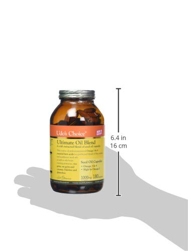 Amber glass bottle of Udo’s Choice Ultimate Oil Blend Caps with 180 softgels