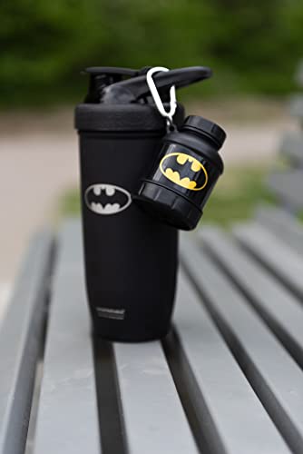 Black Smartshake Whey2Go Batman shaker with leak-proof compartments and mini supplement container