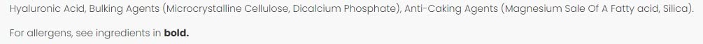 Ingredients list for MyProtein MyVitamins Hyaluronic Acid Tablets that support skin hydration