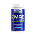 Blue and white USN ZMAG Athletic supplement bottle for hormonal balance and protein support
