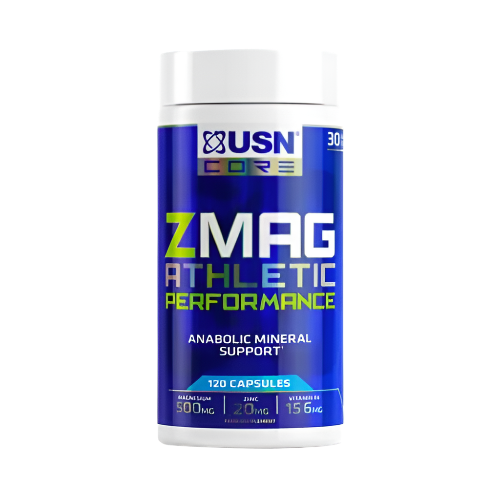 Blue and white USN ZMAG Athletic supplement bottle for hormonal balance and protein support
