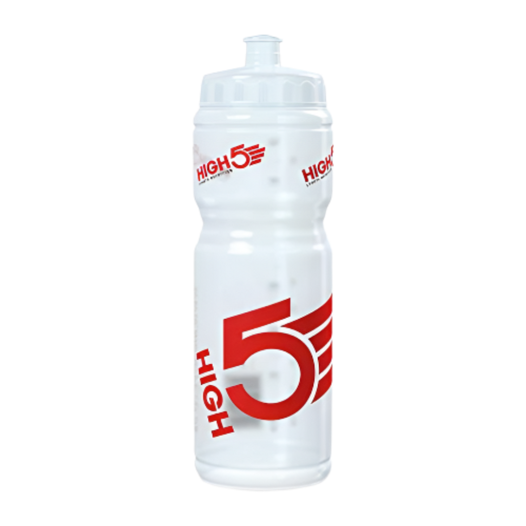 White high5 drinks bottle with red HIGH 5 logo, BPA-free plastic 750ml easy pouring water bottle