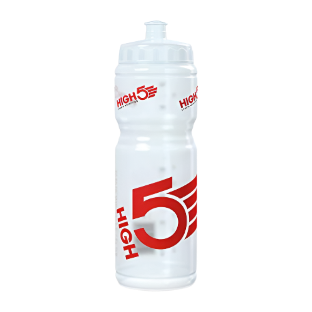 White high5 drinks bottle with red HIGH 5 logo, BPA-free plastic 750ml easy pouring water bottle