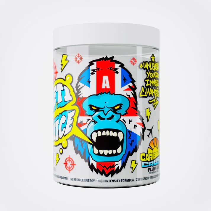 Gorillalpha Yeti Juice Caribbean Crush protein jar with gorilla logo and chaos crew protein branding