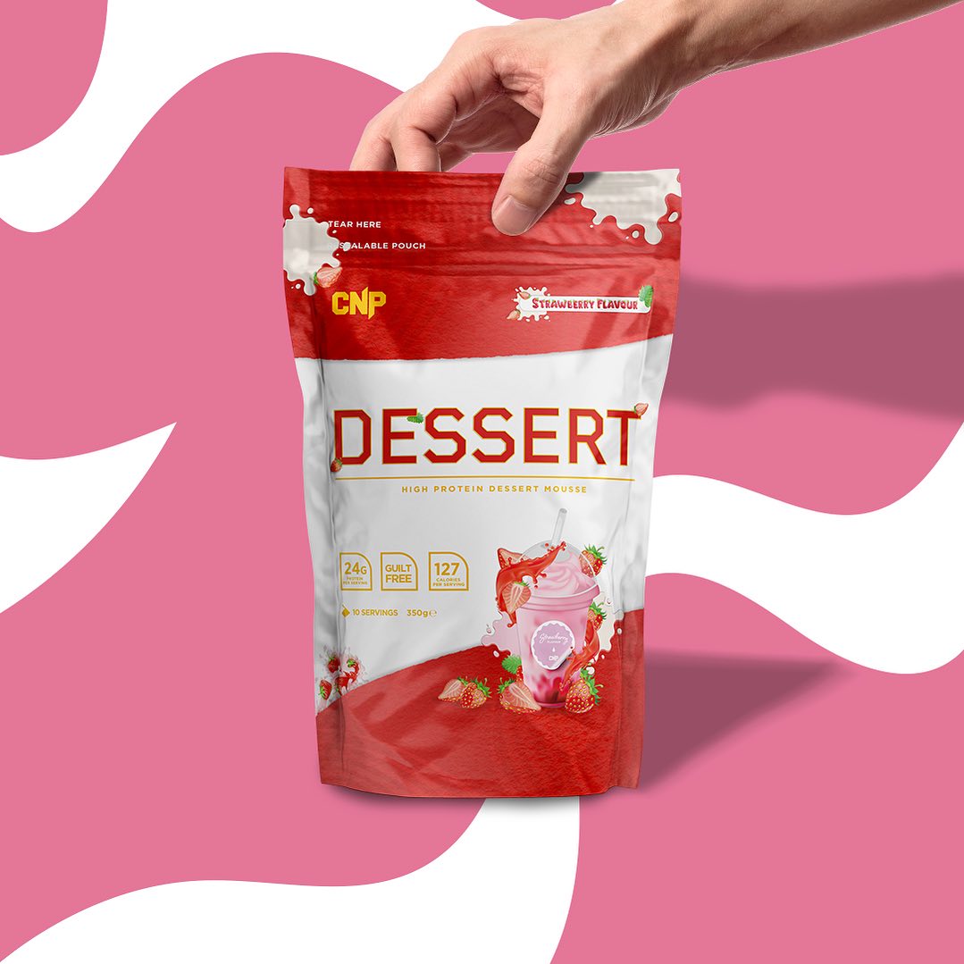 Resealable pouch of CNP Professional Dessert strawberry-flavored guilt-free treat with digestive enzymes
