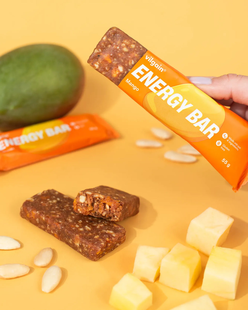 Vilgain Energy Bar with mango flavor, featuring a clean formula and meaningful ingredients