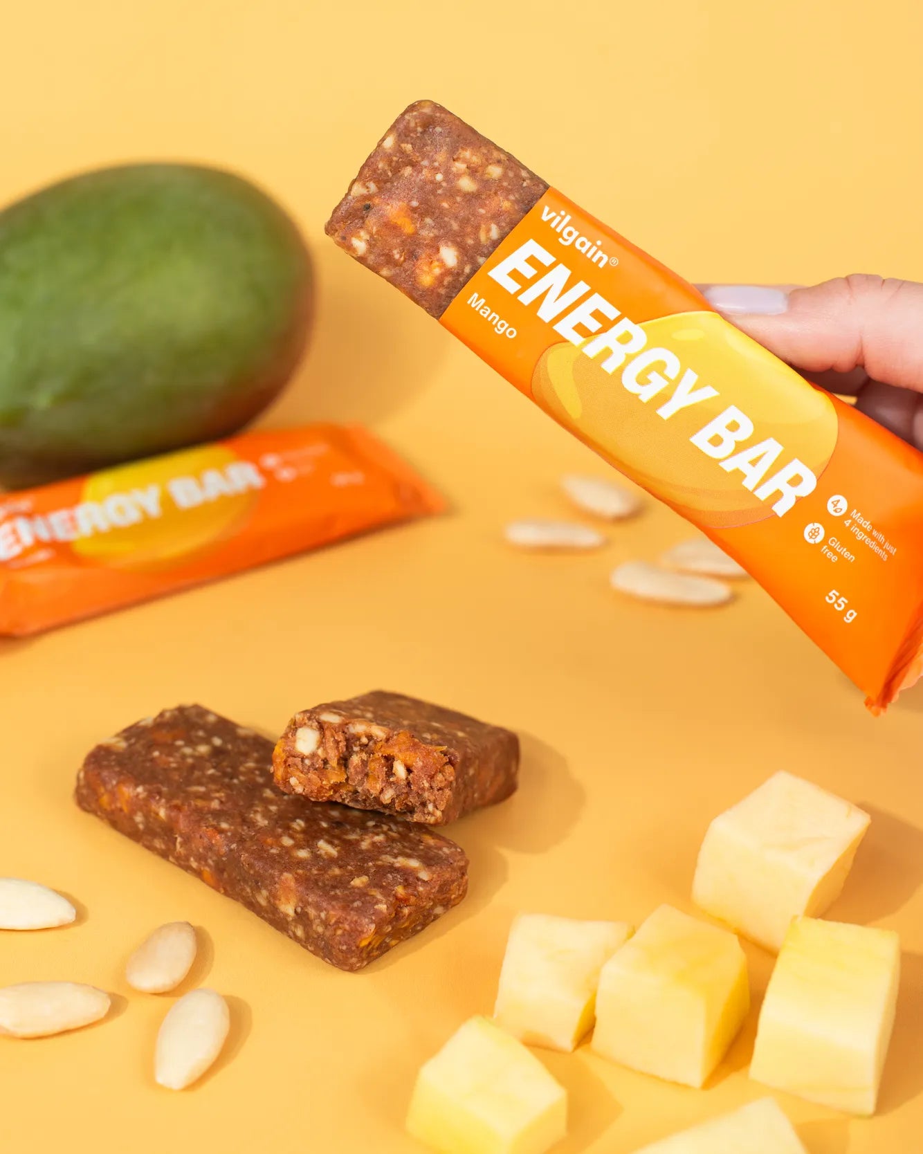 Vilgain Energy Bar with mango flavor, featuring a clean formula and meaningful ingredients
