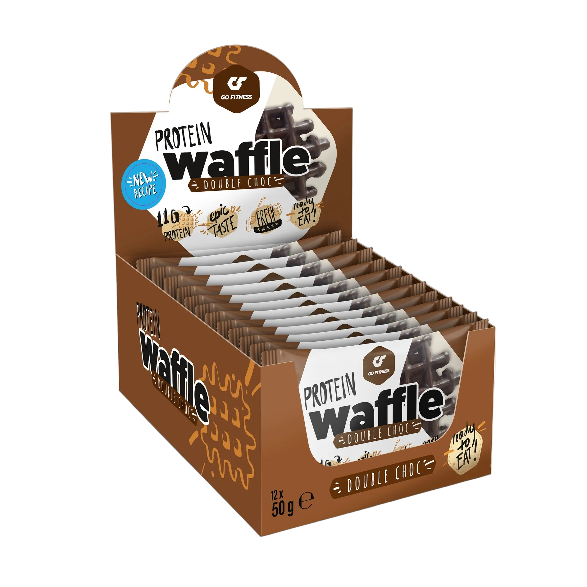 Box of Protein Waffle Double Choc with individual packets on a white background