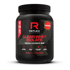 Black plastic tub of Reflex Nutrition Clear Whey Isolate with tropical flavor