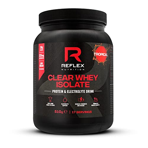 Black plastic tub of Reflex Nutrition Clear Whey Isolate with tropical flavor