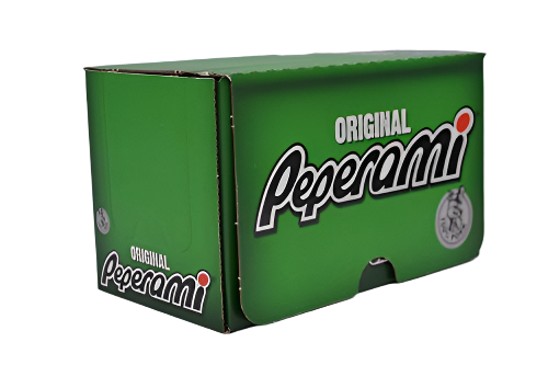 Green cardboard box of Peperami Salami snacks on display, perfect for quick bites
