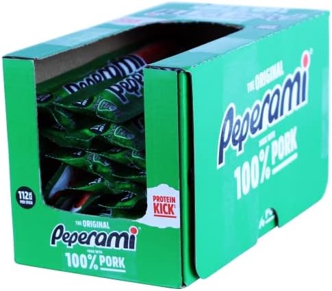Green box with Peperami 100% Pork snacks from Peperami Salami product line