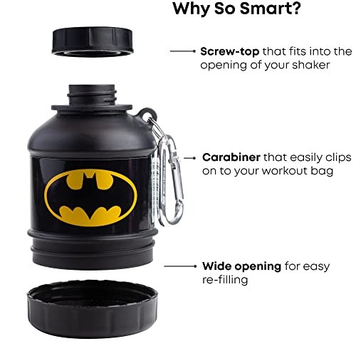 Black Batman-themed Smartshake Whey2Go Funnel with leak-proof compartments and carabiner