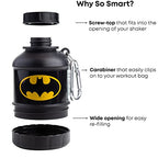 Black Batman-themed Smartshake Whey2Go Funnel with leak-proof compartments and carabiner