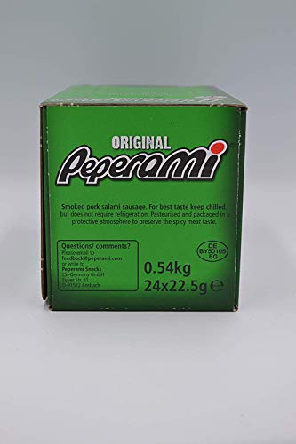 Green Peperami Salami box with 24 snack packs of smoked pork sausage
