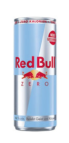Light blue and silver Red Bull Zero energy drink can for boosting human body energy