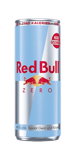 Light blue and silver Red Bull Zero energy drink can for boosting human body energy