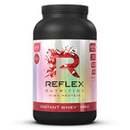 Black tub of Reflex Nutrition Instant Whey Pro strawberry-flavored protein powder